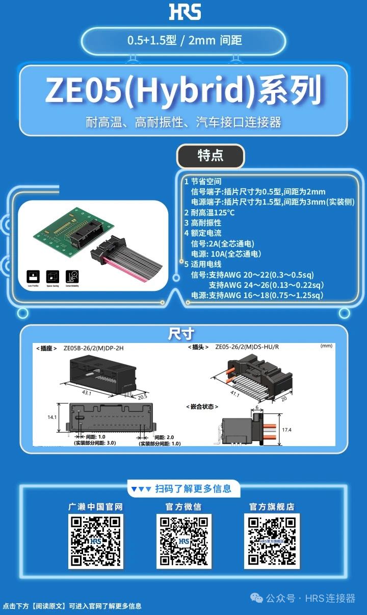 【產(chǎn)品推薦】耐高溫、高耐振性、汽車(chē)接口、電源信號(hào)混合型連接器ZE05系列